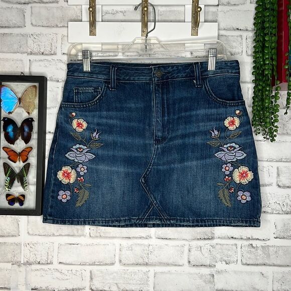 Hollister Hi Rise Cotton Skirt Floral Embroidery Jean Skirt Boho Hippie 9/29 - Picture 1 of 7